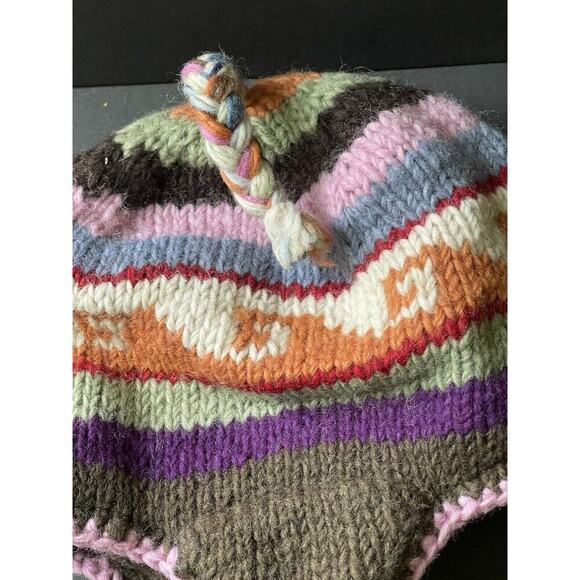 Nepal 100% Wool Beanie Winter Hat Knit Cap Fleece Lined Ski Earflaps Gorpcore - Picture 4 of 5